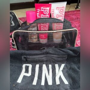 Victoria Secret Work It Out Gym PINK 5Pcs Set Cosmetic Bag Travel  Fresh & Clean
